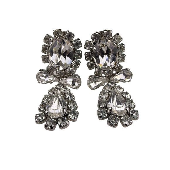 Chr. Germany Vintage Silver Tone Rhinestone Clip-On Earrings Elegant Design - Picture 1 of 5